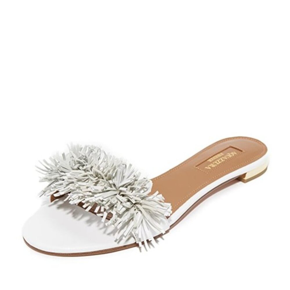 Aquazzura White Leather Fringe Slide Sandal